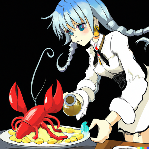 DALL·E 2022-07-27 17.01.02 - Sakuya Izayoi from touhou serves a lobster to gordon ramsey..png