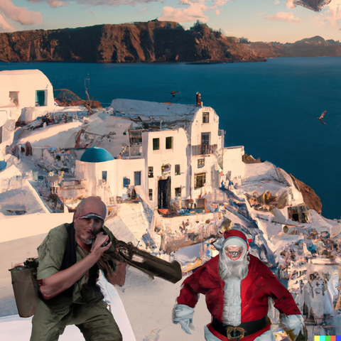 DALL·E 2022-07-28 00.37.30 - The Terminator vs Santa Claus at Santorini in the style of Norman...png