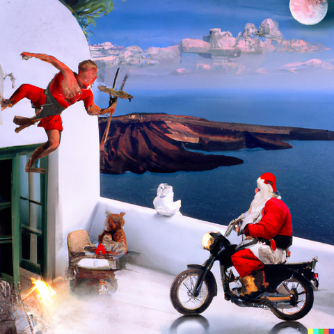 DALL·E 2022-07-28 00.37.45 - The Terminator vs Santa Claus at Santorini in the style of Norman...png