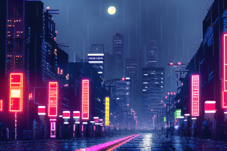 cyberpunk, {{pixel art}}, night, raining, neon, neon lights, moon, street, dirty, dark, s-2619...png