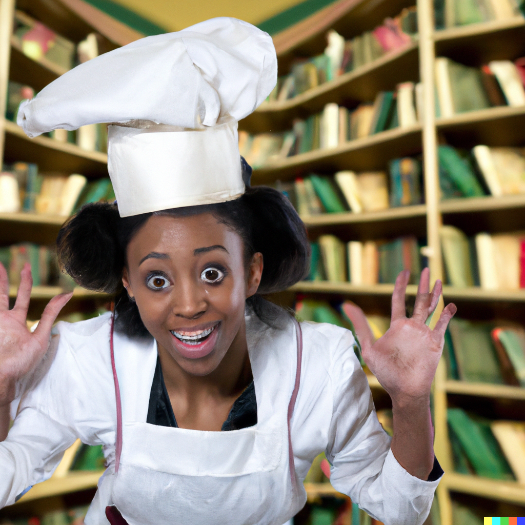 DALL·E 2022-12-15 11.06.33 - A goofy chef in the Library of Babel .png