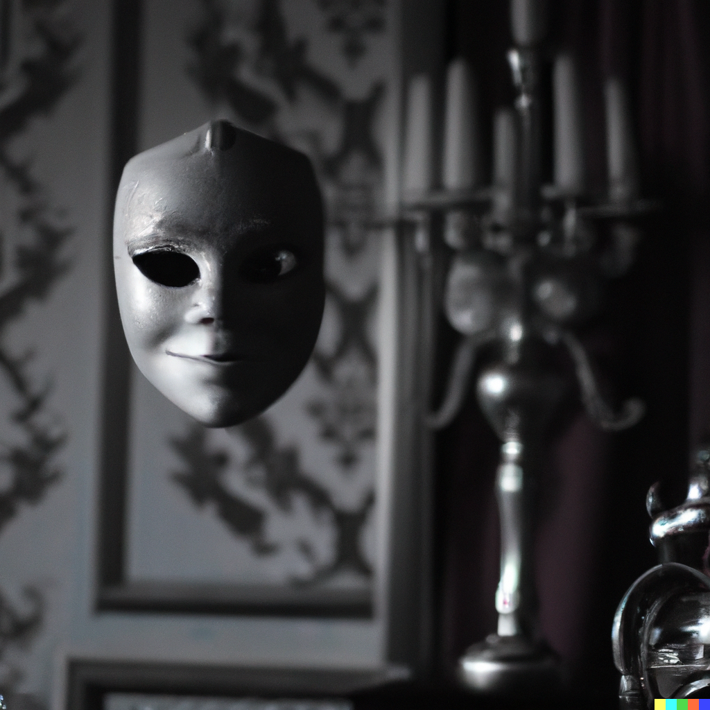 DALL·E 2023-01-06 21.25.57 - A shady gothic style room, a white venetian mask floating in the ...png